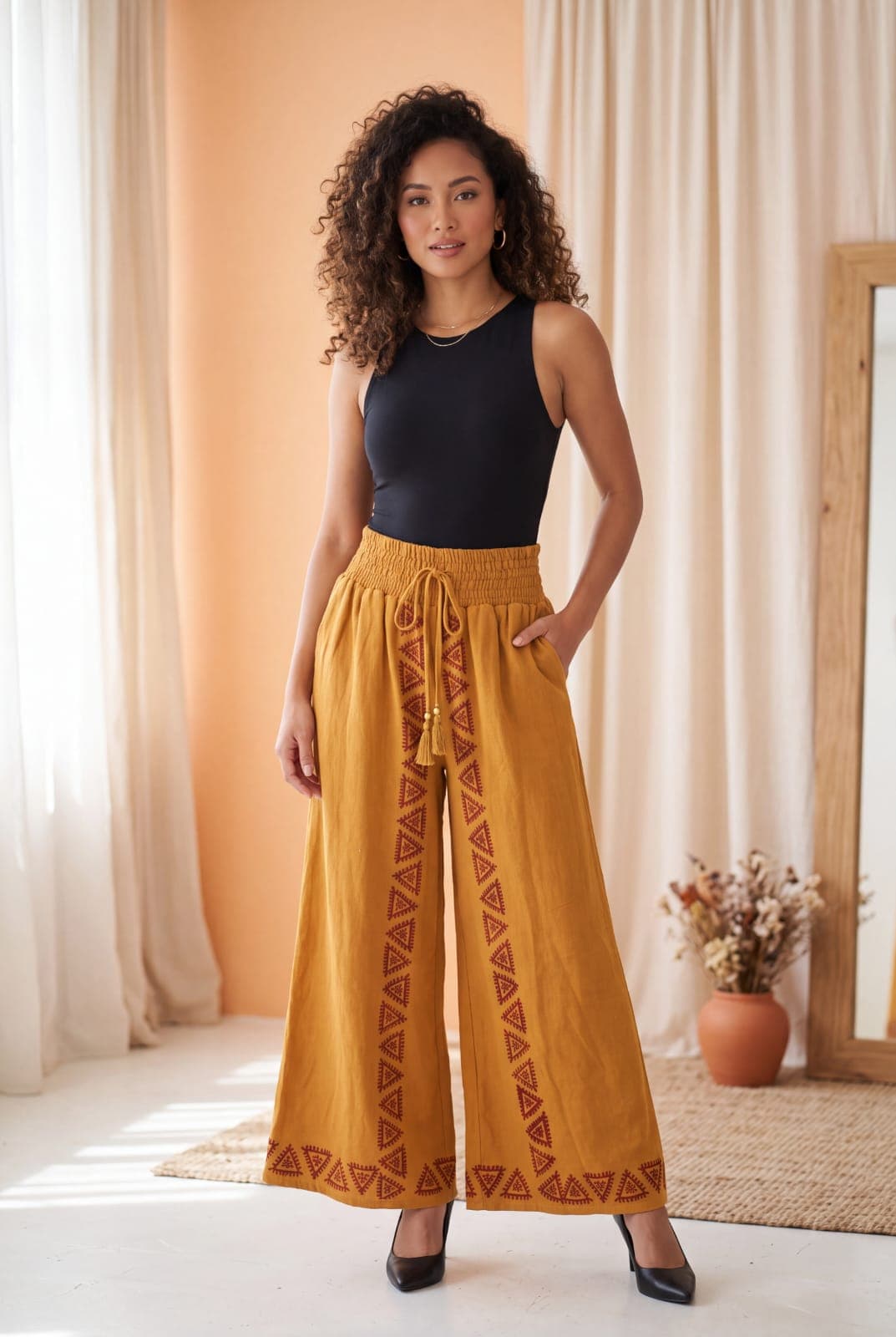 Olive Drape Wide-Leg Pants